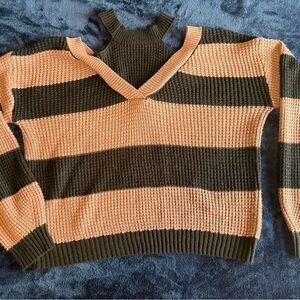 Striped V-Neck Sweater - Black and Tan